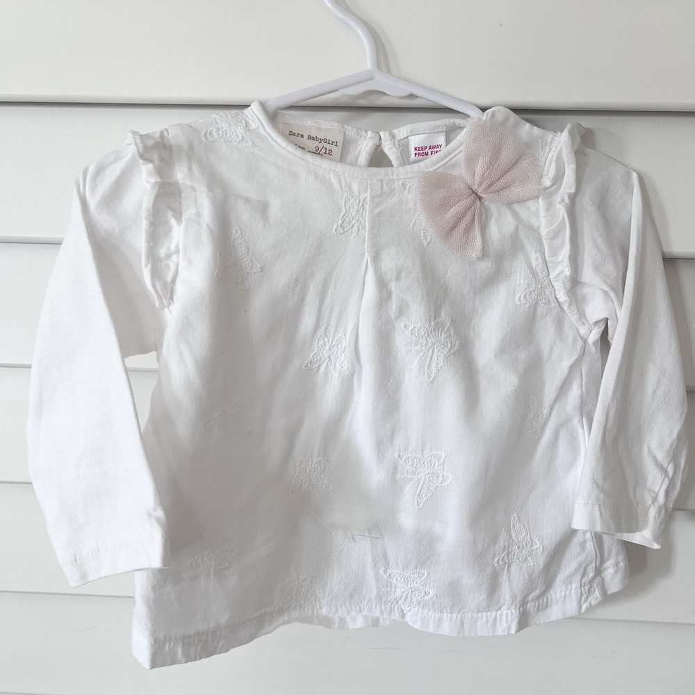 Zara White Long Sleeve Kids Top with Pink Accent